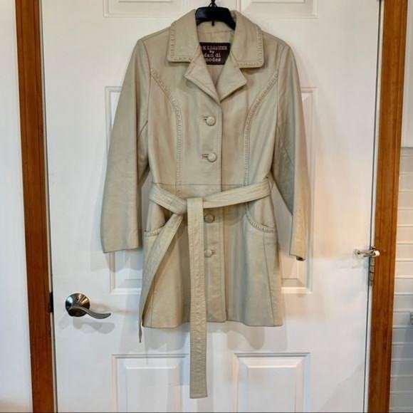 Vintage Leather Trench Coat Cream size L 14 - Picture 3 of 16